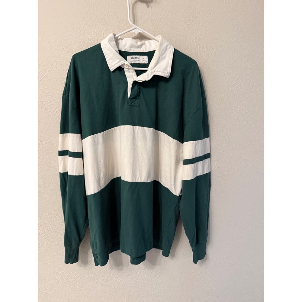 Hollister Mens Heavyweight Cotton Rugby Shirt Green White Stripe XL Long Sleeve
